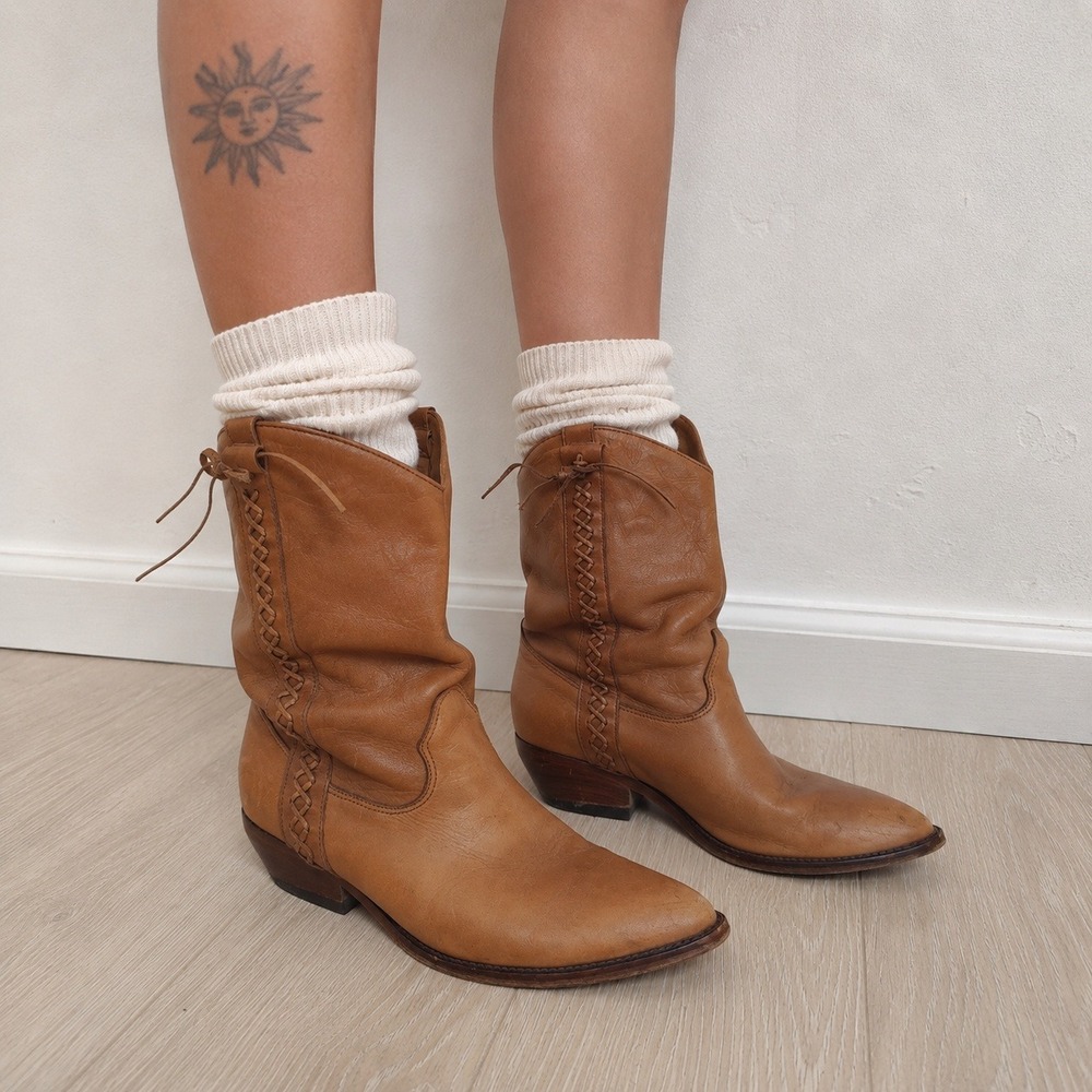 Vintage Tan Women's Leather Western Cowboy Boots With Fringe Size 8